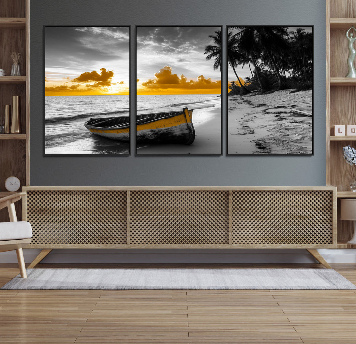 Yellow Rowboat Wall Art | Framed Tropical Shoreline Canvas