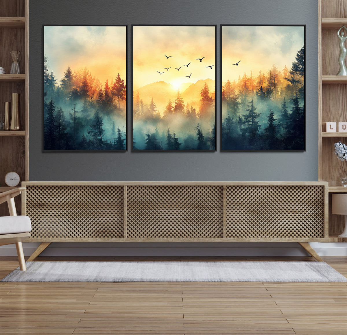 Sunrise Forest Wall Art | Framed Misty Pines Canvas Artwork