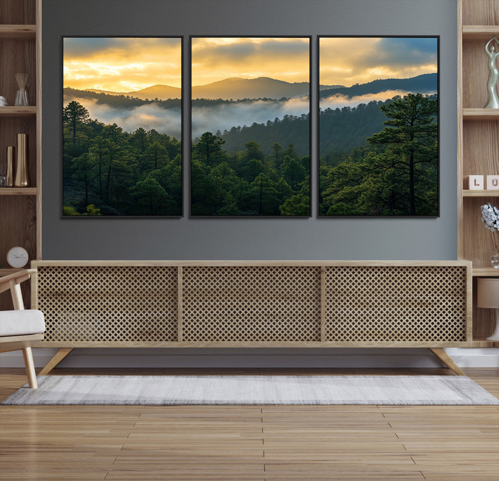 Mountain Sunrise Wall Art | Framed Pine Forest Canvas
