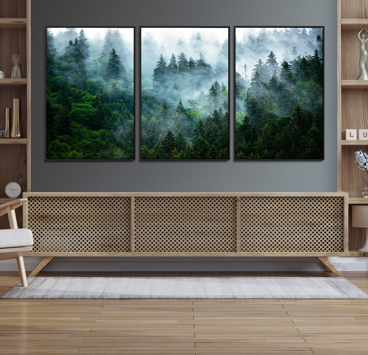 Misty Forest Wall Art Canvas Print | Framed Foggy Mountain Landscape