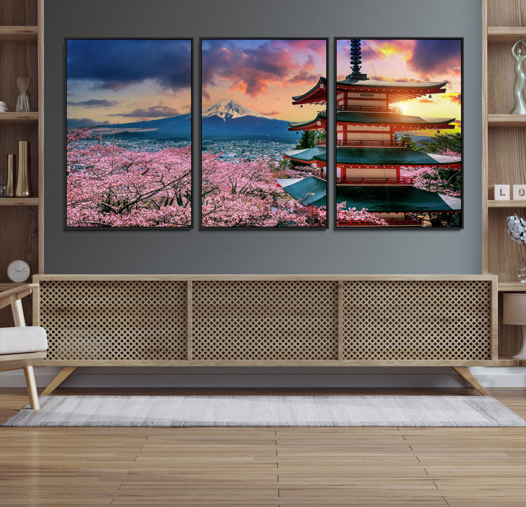 Mount Fuji Cherry Blossom Wall Art Canvas Print | Framed Pagoda Sunset