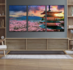 Mount Fuji Cherry Blossom Wall Art Canvas Print | Framed Pagoda Sunset