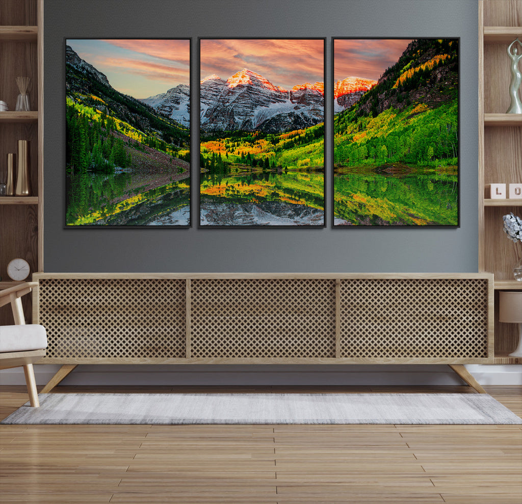 Sunset Glow Mountain Wall Art Canvas Print | Peaks, Green Forest and Lake
