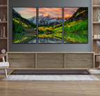 Sunset Glow Mountain Wall Art Canvas Print | Peaks, Green Forest and Lake