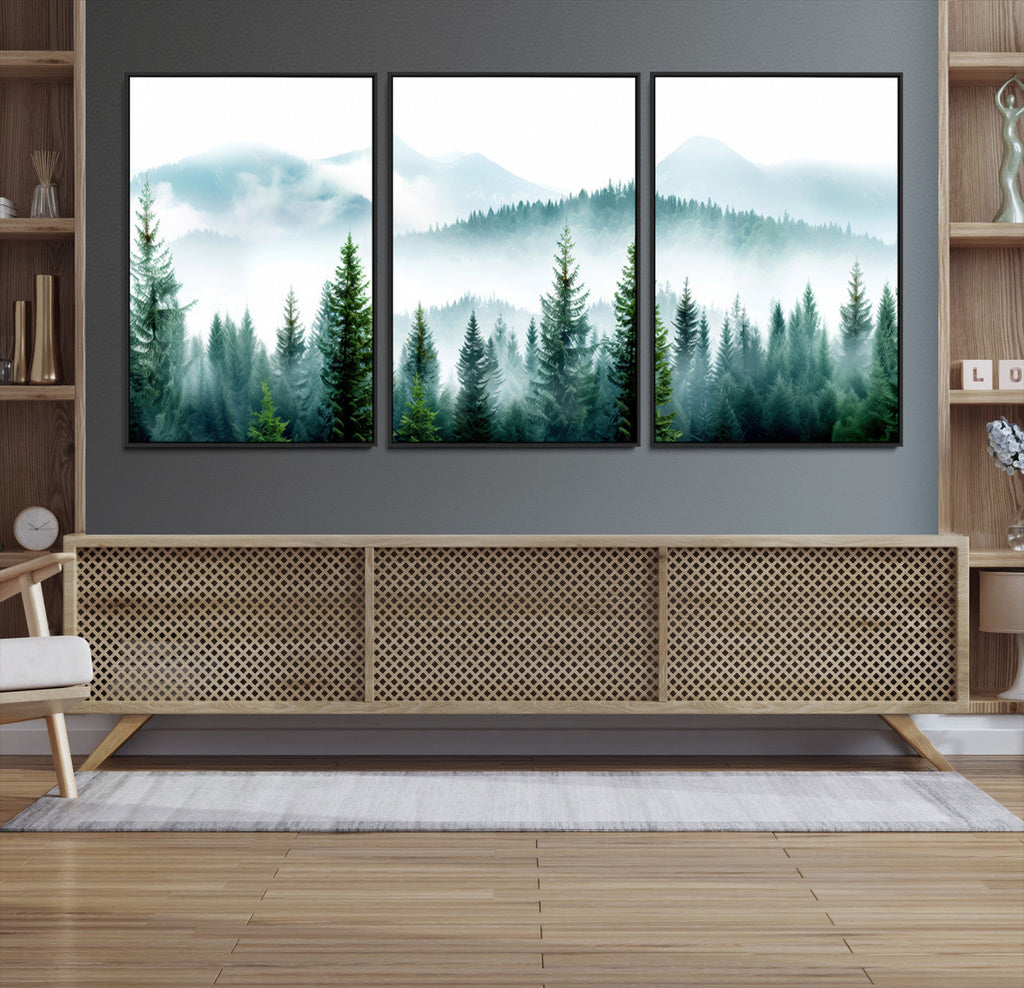 Misty Pine Forest Wall Art, Foggy Mountain Landscape Canvas