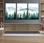Misty Pine Forest Wall Art, Foggy Mountain Landscape Canvas