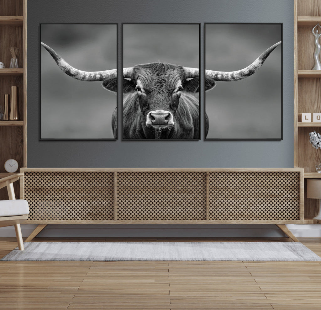 Texas Longhorn Wall Art Canvas Print, Framed Western Bull Photography, Rustic Log Cabin Decor