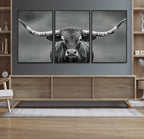 Texas Longhorn Wall Art Canvas Print, Framed Western Bull Photography, Rustic Log Cabin Decor