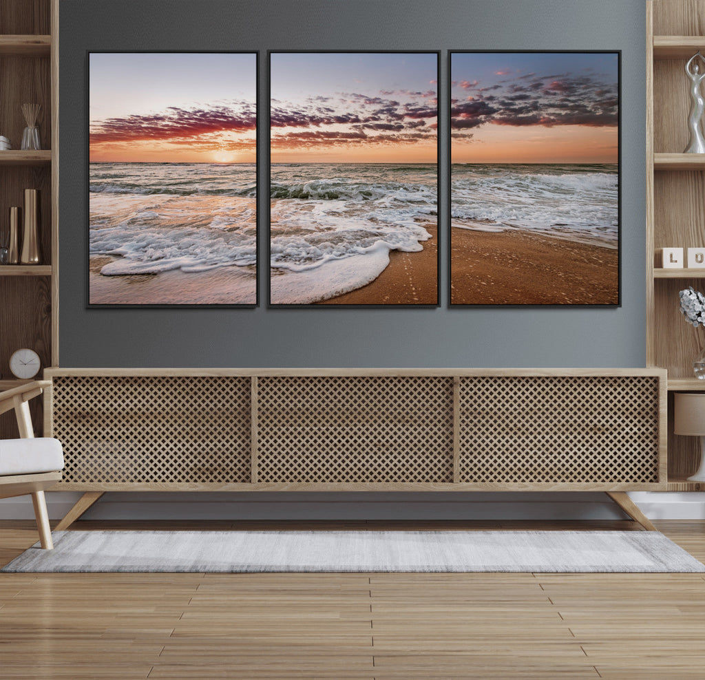 Ocean Sunset Wall Art Canvas Print | Sandy Shore and Gentle Waves