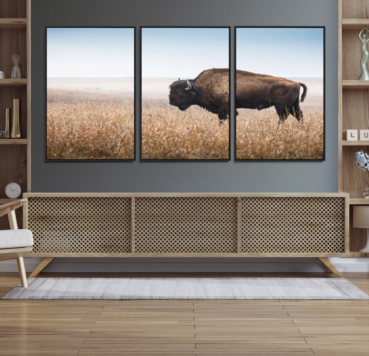 Wild Bison Wall Art | Framed Prairie Landscape Canvas