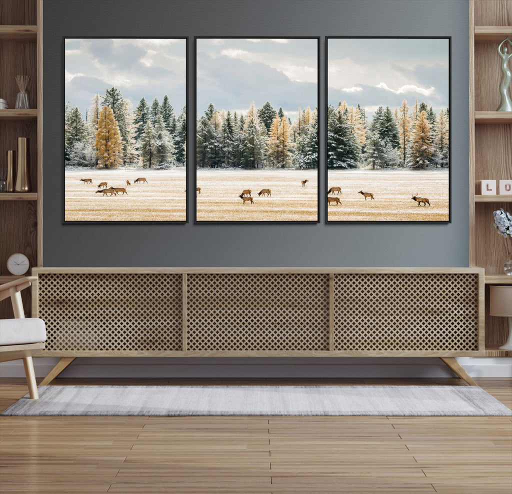 Elk Herd Wall Art, Framed Snowy Forest Canvas Artwork