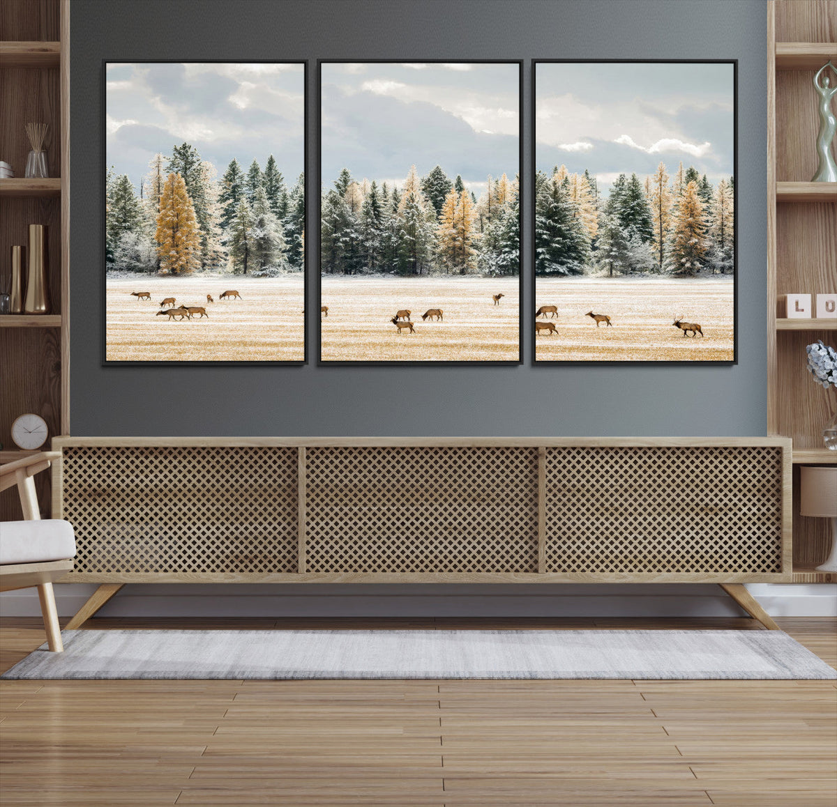 Elk Herd Wall Art, Framed Snowy Forest Canvas Artwork