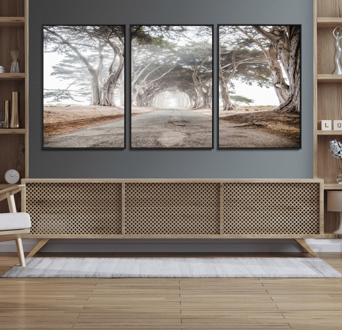 Cypress Tunnel Wall Art | Framed Misty Road Canvas Artwork