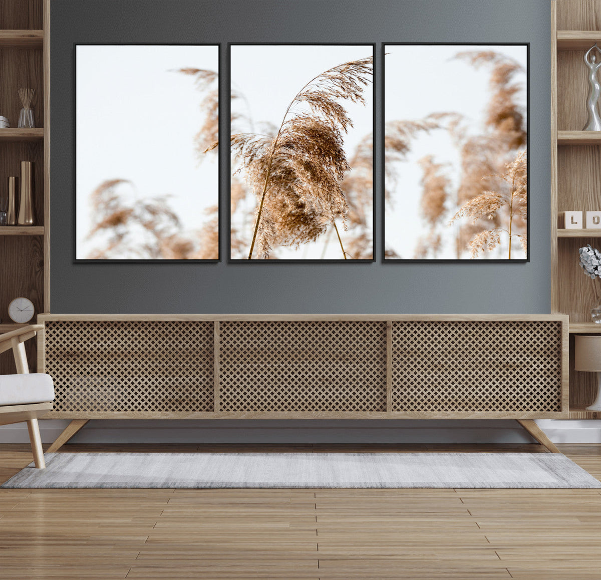 Pampas Grass Wall Art Canvas Print, Framed Neutral Tones Minimalist Boho