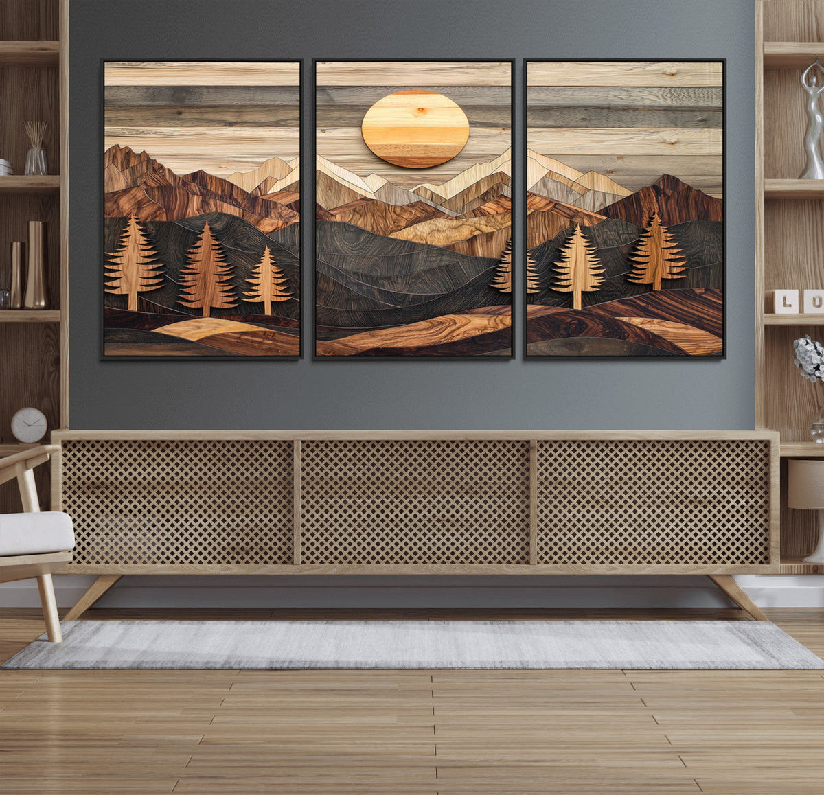 Wooden Mountain Layers Art | Rustic Pine Tree Landscape