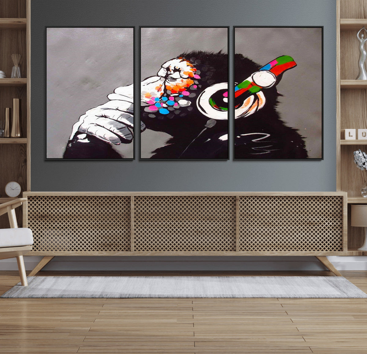DJ Monkey Listening to Music Wall Art Print | Banksy Monkey Large Canvas Print