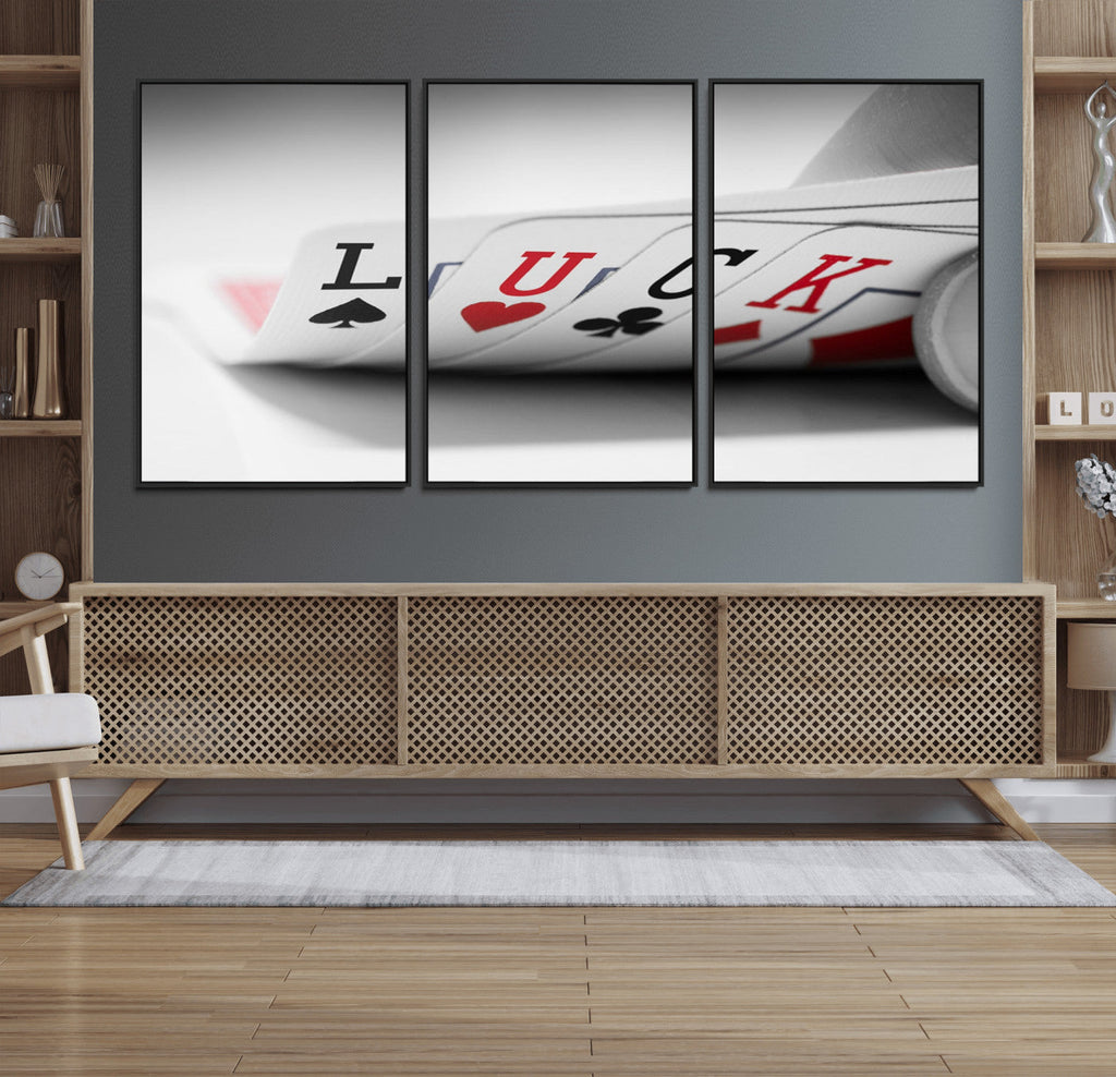Framed Lucky Poker Cards Canvas | Modern Triptych Wall Art for Game Rooms