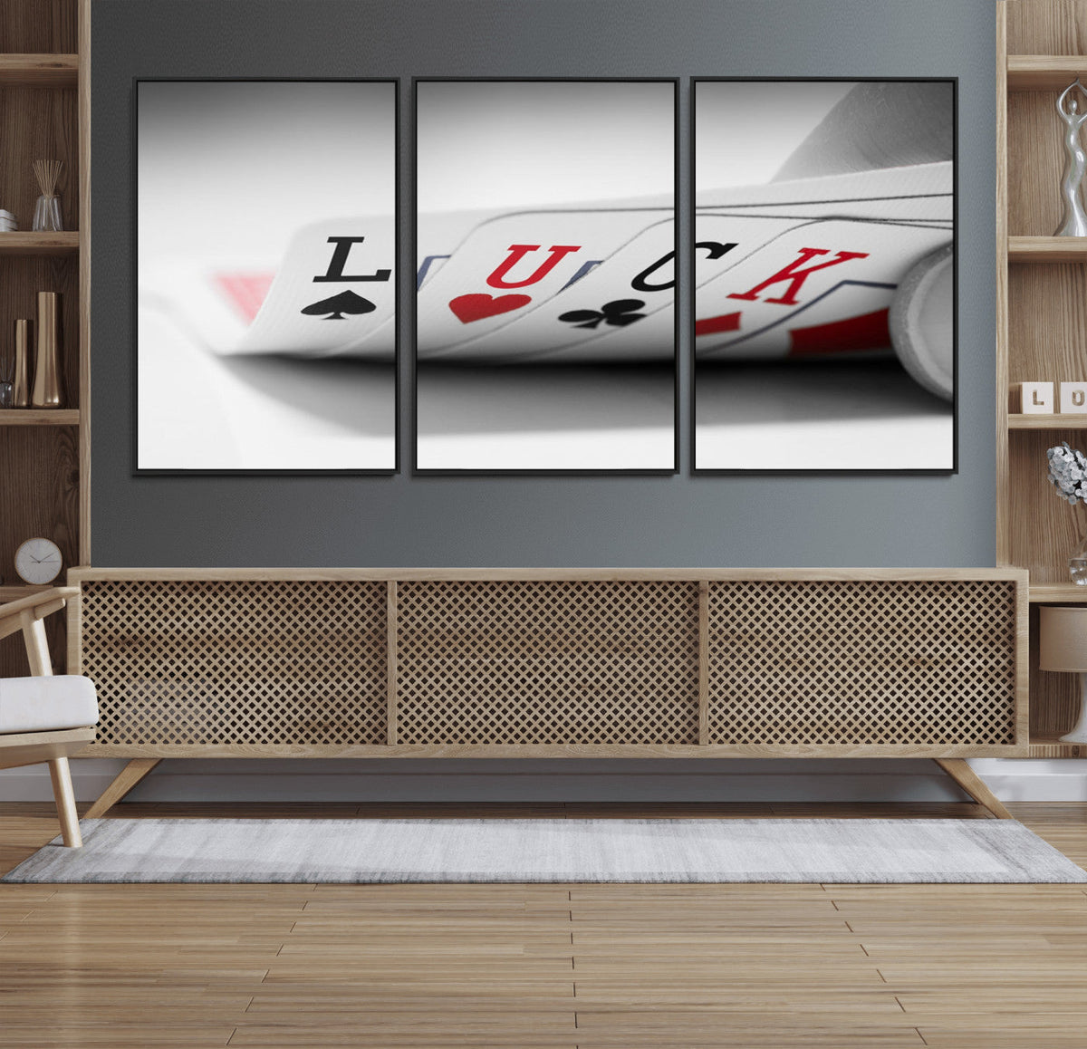 Framed Lucky Poker Cards Canvas | Modern Triptych Wall Art for Game Rooms