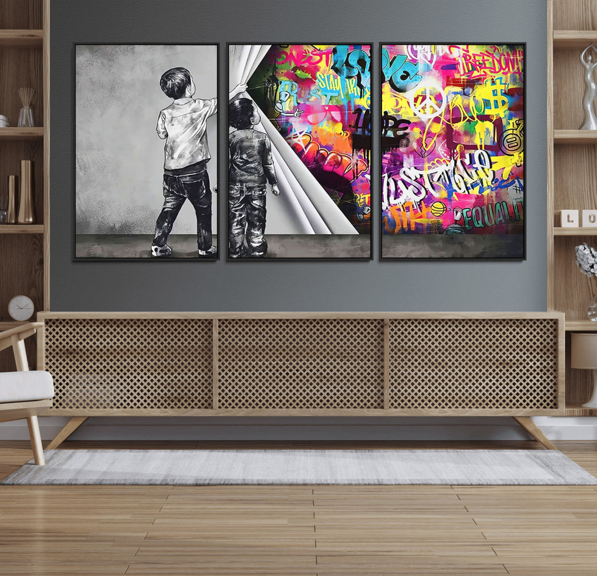 Banksy Print, Street Art Canvas Wall Art, Kids Revealing Graffiti, Urban Modern Decor