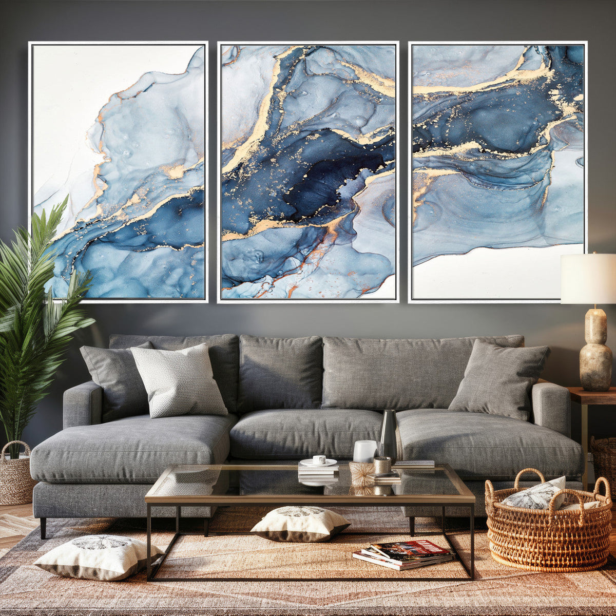 Blue Abstract Canvas Wall Art Print | Fluid Marble Effect Abstract Art