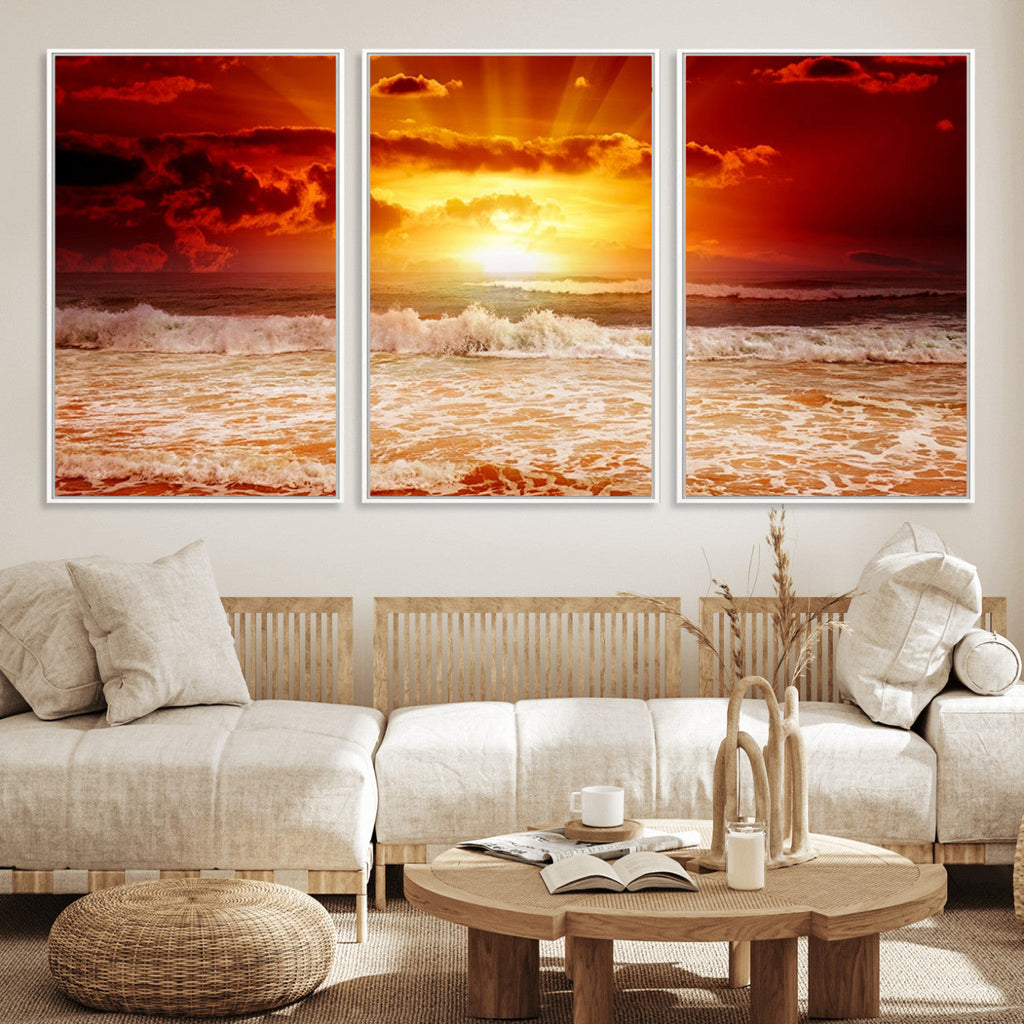 Red Sunset Ocean Beach Canvas Wall Art, Coastal Sunset Print