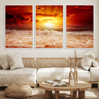 Red Sunset Ocean Beach Canvas Wall Art, Coastal Sunset Print
