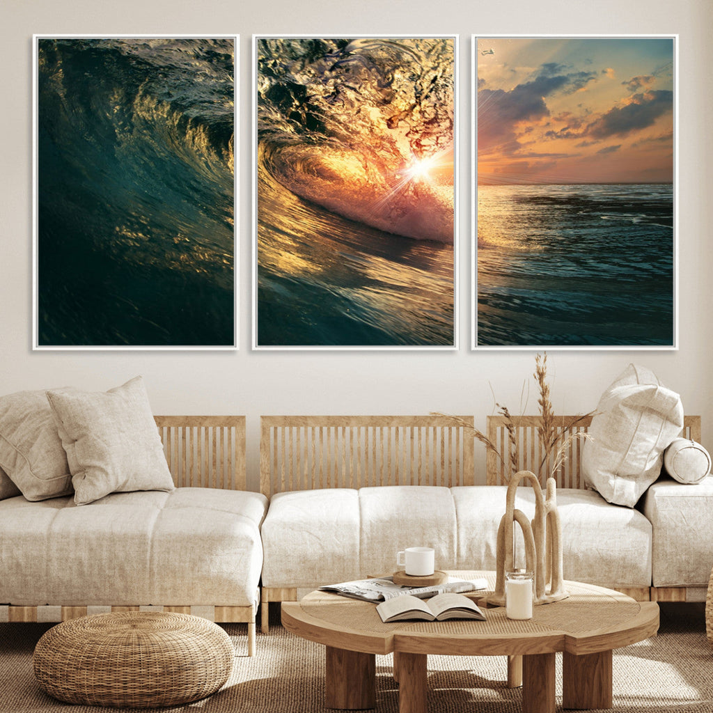 Ocean Wave Sunset Canvas Wall Art | Triptych Seascape Print