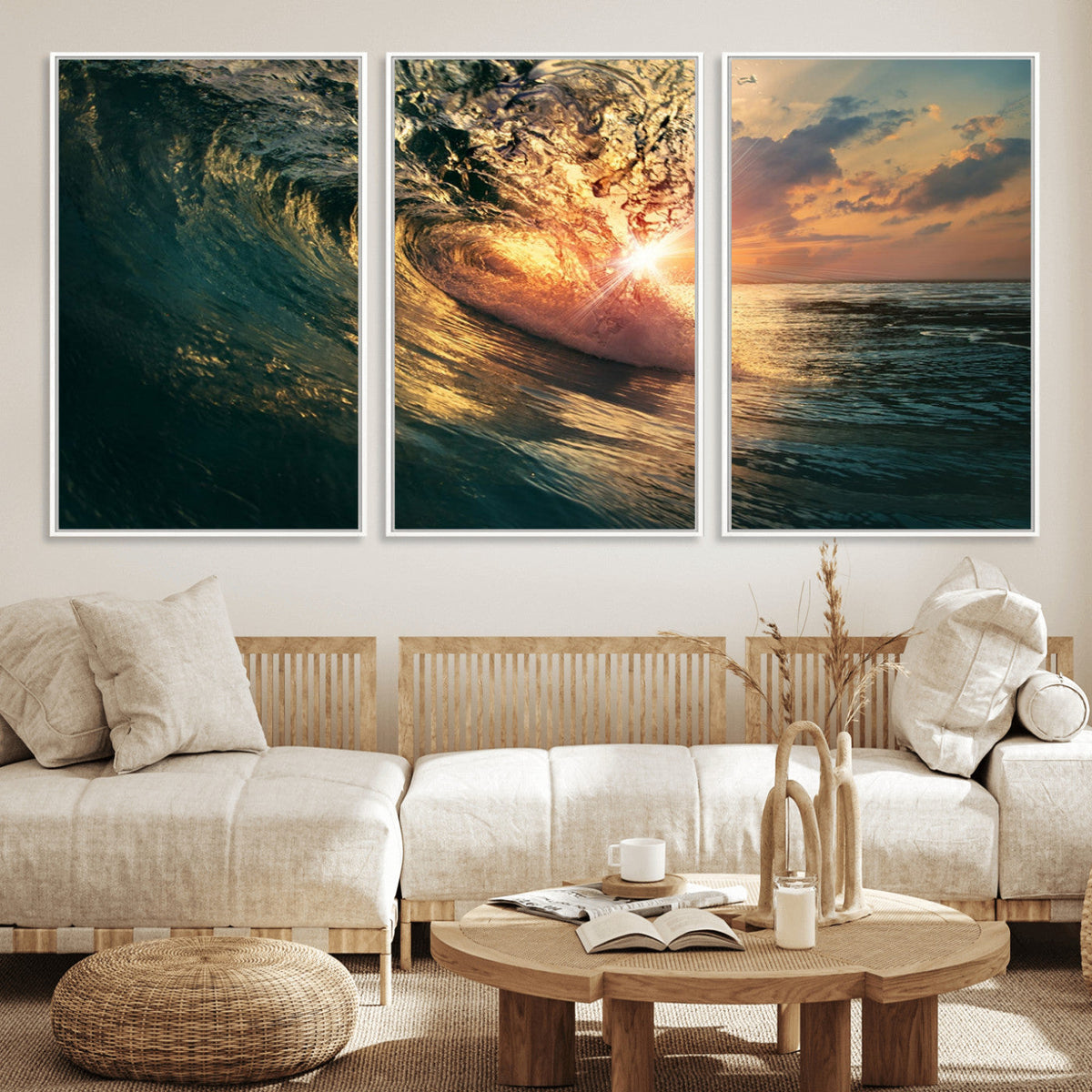 Ocean Wave Sunset Canvas Wall Art | Triptych Seascape Print