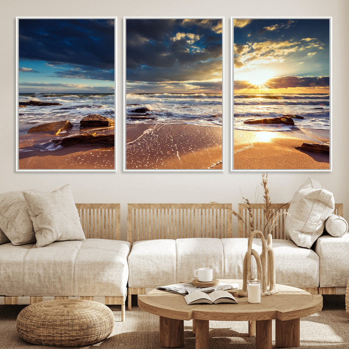 Golden Hour Beach Sunset Canvas Triptych, Ocean Waves and Rocks Wall Art