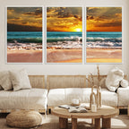 Golden Sunset Beach Canvas Wall Art | Triptych Seascape Print, Framed and Ready to Hang