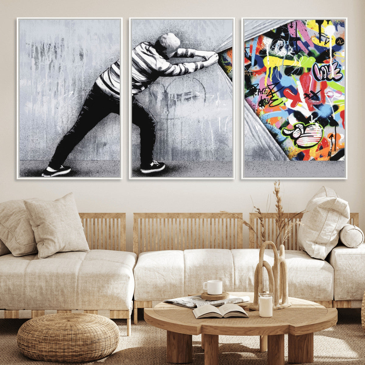 Banksy Art Behind the Curtain Street Wall Art Canvas Print | Urban Graffiti Style Wall Decor