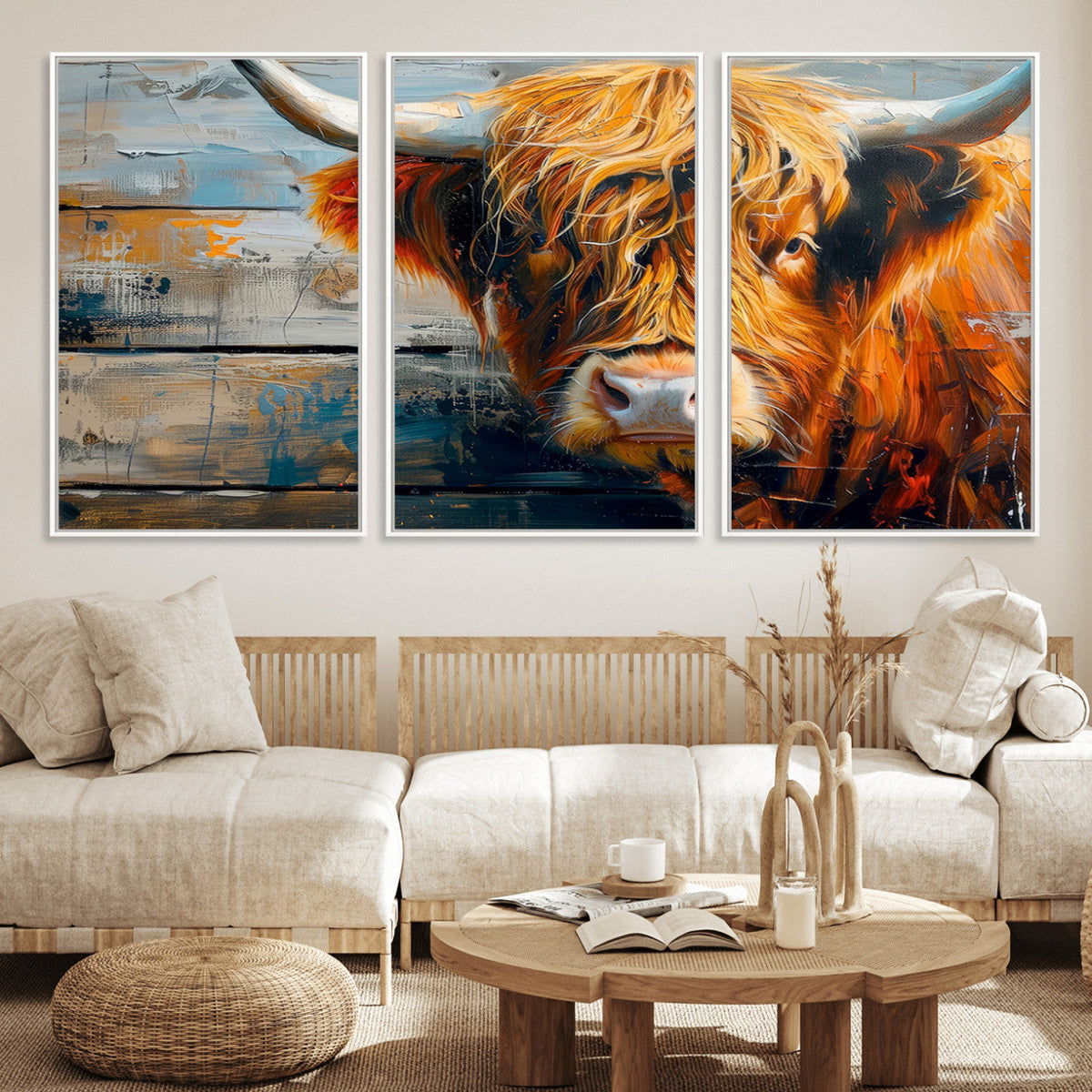 Highland Cow Abstract Canvas Wall Art, Bold Farmhouse Decor