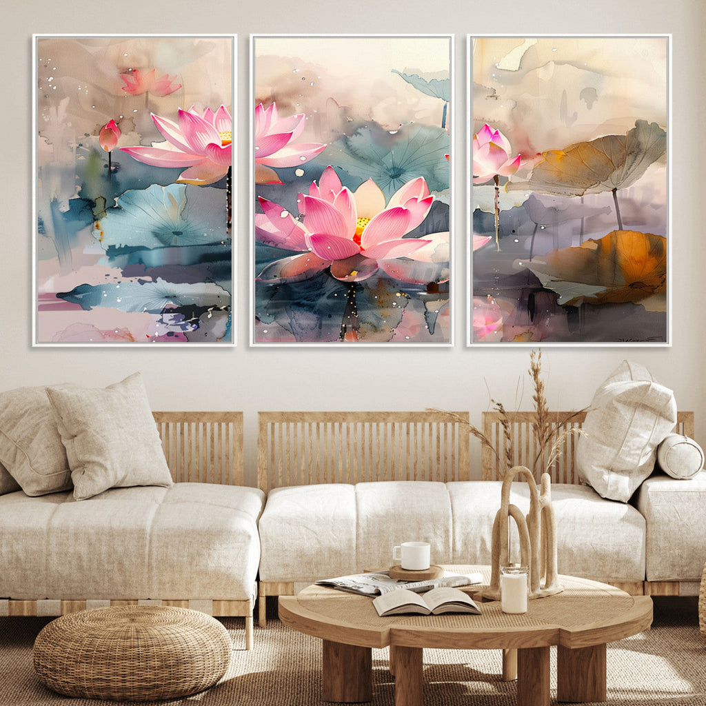 Lotus Flower Wall Art | 3 Panel Giclee Canvas Print of Pink Lotus Blossoms