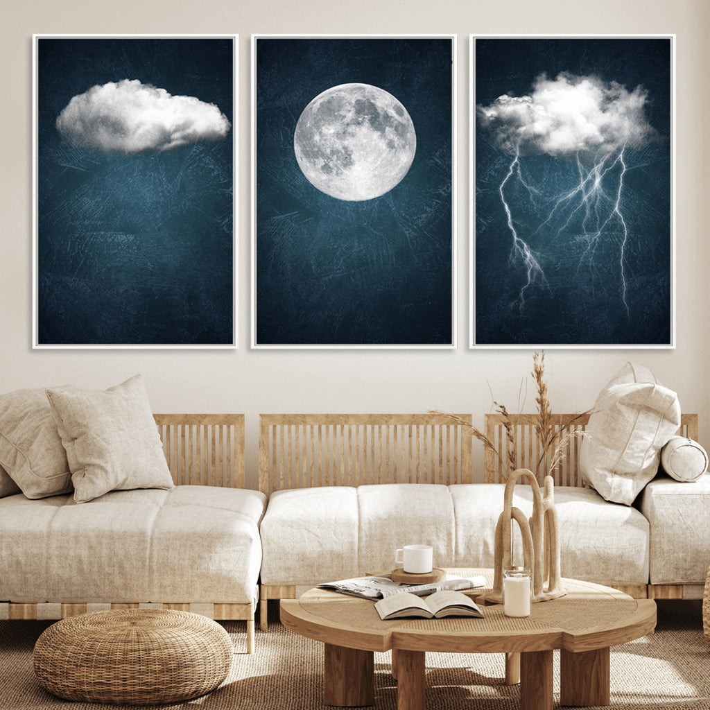 3 Piece Indigo Cloud Wall Art, Thunderstorm Moon Cloud Artwork