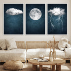 3 Piece Indigo Cloud Wall Art, Thunderstorm Moon Cloud Artwork