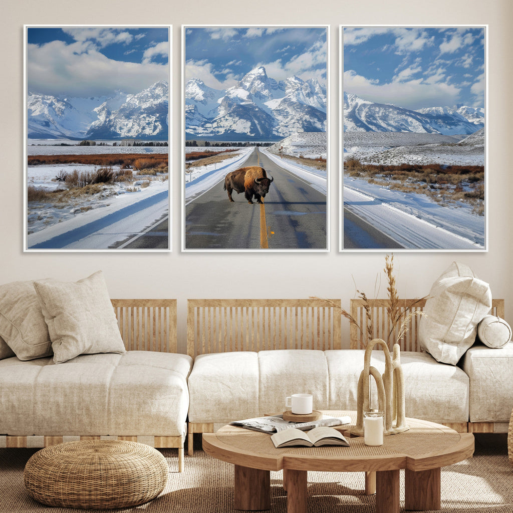 Bison Wall Art | Snowy Road Wall Art | Framed Mountain Landscape Canvas