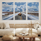 Bison Wall Art | Snowy Road Wall Art | Framed Mountain Landscape Canvas