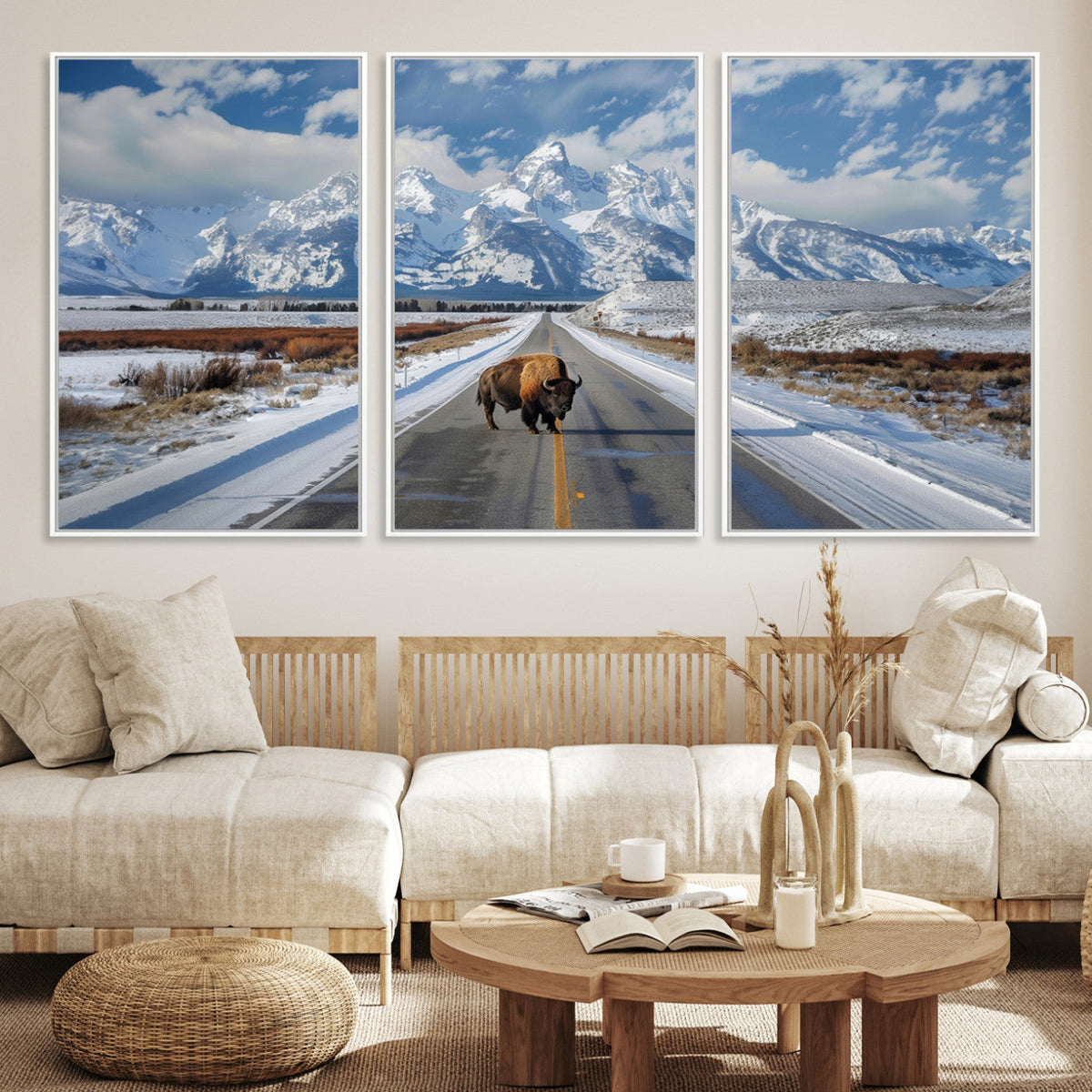 Bison Wall Art | Snowy Road Wall Art | Framed Mountain Landscape Canvas