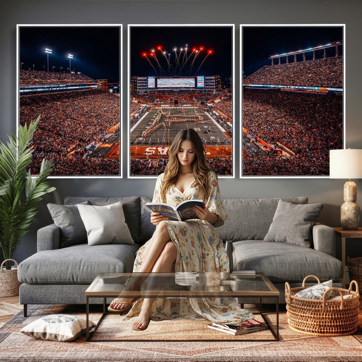 Texas Stadium Night Game Wall Art Canvas Print, Vibrant Football Fireworks Scene