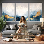 Abstract Blue and Gold Clouds Wall Art Canvas Print, Framed Modern Landscape Artwork