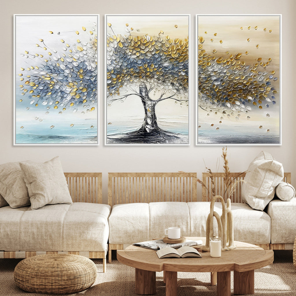 Silver Tree Wall Art | Framed Golden Leaves Canvas Artwork