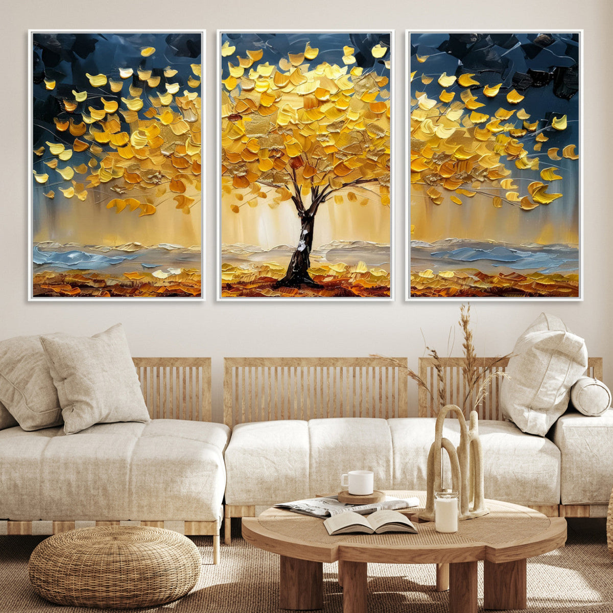 Golden Tree Wall Art | Framed Autumn Leaves Canvas Artwork