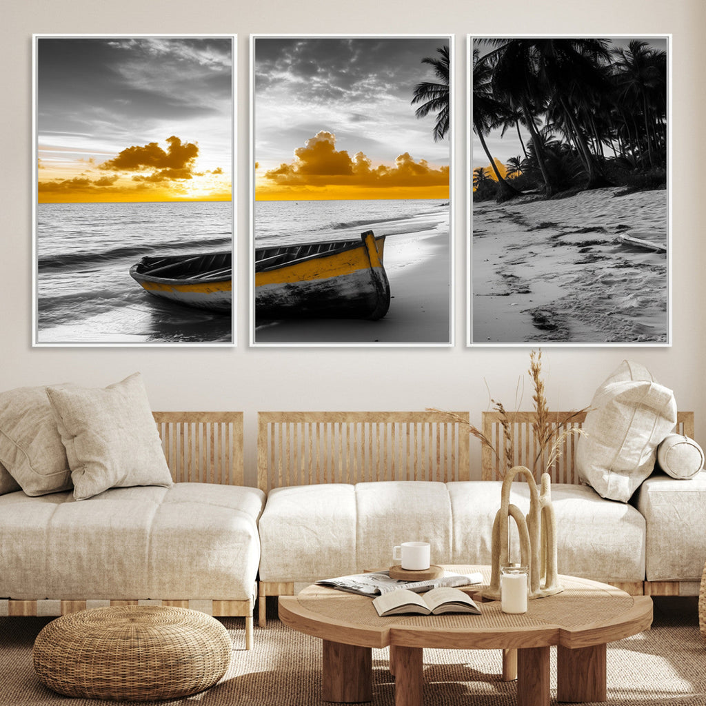 Yellow Rowboat Wall Art | Framed Tropical Shoreline Canvas