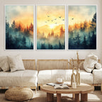 Sunrise Forest Wall Art | Framed Misty Pines Canvas Artwork