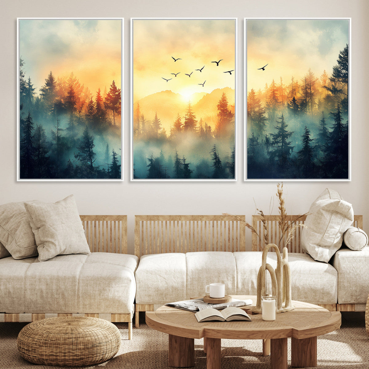 Sunrise Forest Wall Art | Framed Misty Pines Canvas Artwork