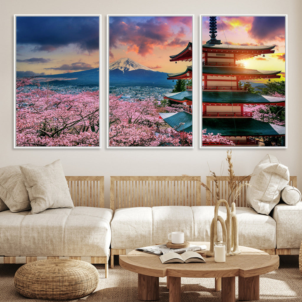 Mount Fuji Cherry Blossom Wall Art Canvas Print | Framed Pagoda Sunset