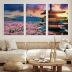 Mount Fuji Cherry Blossom Wall Art Canvas Print | Framed Pagoda Sunset