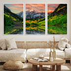 Sunset Glow Mountain Wall Art Canvas Print | Peaks, Green Forest and Lake