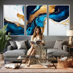 Gold Blue Abstract Canvas Print, Elegant Navy and Gold Marble Flow