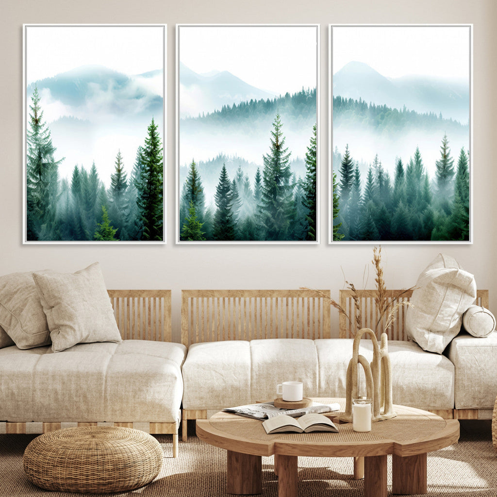 Misty Pine Forest Wall Art, Foggy Mountain Landscape Canvas